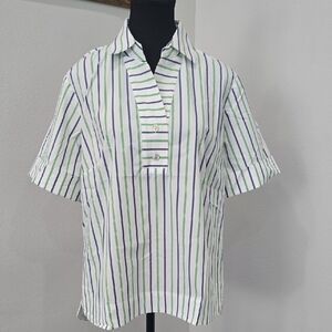 Hinson Wu Aileen 3/4 Sleeve Striped Button-Down Shirt in Green and Blue